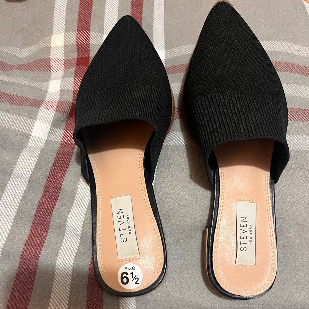 Steven New York Valdez Knit Slip On Pointed Toe Mule Black Tan Size 6.5